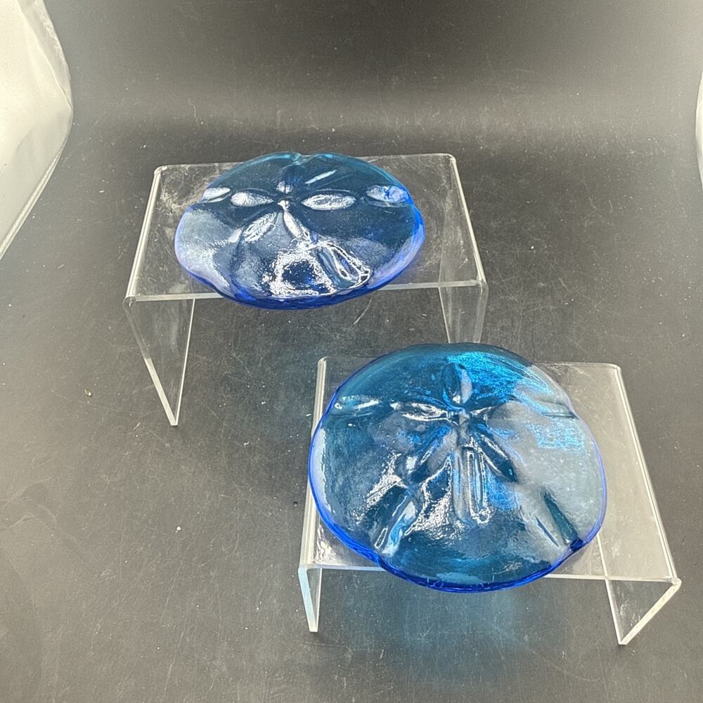 Cobalt Blue Art Glass Sand Dollar Figurine Coastal Sea Life Paperweights Pair
